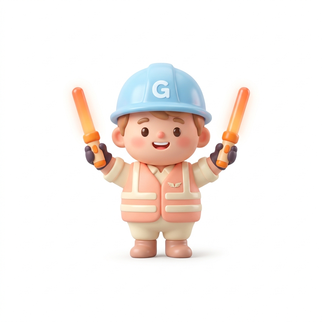 Friendly hi-vis hard hat and marshal wand